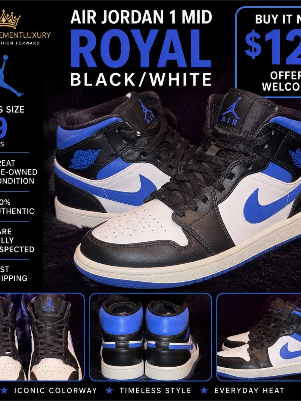 Nike Air Jordan 1 Mid Royal Black White Men’s Size 9 | Style 554724-140 | Clean